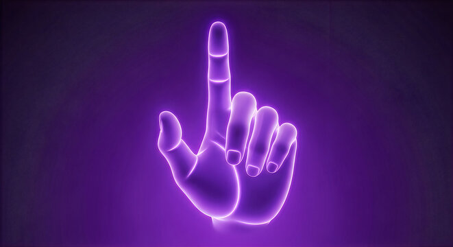 Defiant hand gesture illuminated in neon light against dark purple background