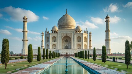 Fototapeta premium Iconic Taj Mahal monument in Agra under clear blue sky.