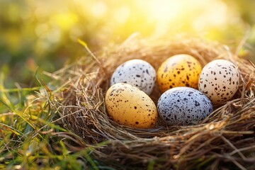 Obraz premium Nest containing five speckled eggs in natural straw, surrounded by green grass and soft sunlight, creating a serene outdoor setting