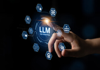 Large Language Model LLM processing data. Represents deep text learning, natural language...