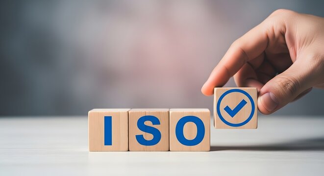 Hand placing checkmark on ISO blocks for quality assurance