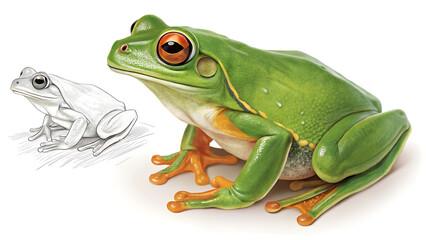 Obraz premium A colorful green frog with orange feet and a sketch of a frog