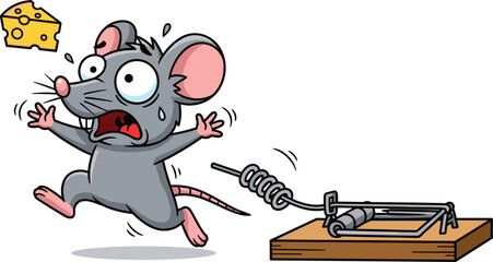 Funny Cartoon Mouse Character Running Away From A Mousetrap After Dropping Cheese For Pest Control Rodent Extermination Or Household Trap Concept Vector Illustration © Shuvo's World