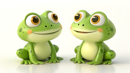 Fototapeta premium Two cute cartoon frogs sitting on a white surface smiling