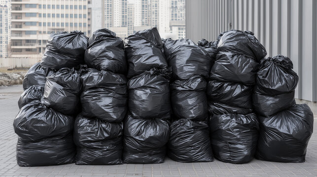 Pile of black garbage bags stacked neatly against a modern building, showcasing waste management and urban cleanliness in a bustling city environment