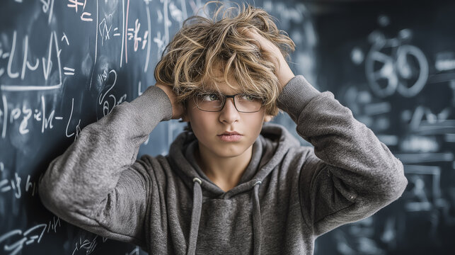 Young student with messy hair and glasses is stressed while solving math problems on a chalkboard, showcasing the challenges of learning and the pressure of academic performance