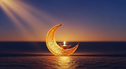 A serene moonlit crescent shape glows with a candle surrounded by calm waters during a peaceful dusk with fading light Whisk 11a11555bb50e77b1ee44c91c8814625dr