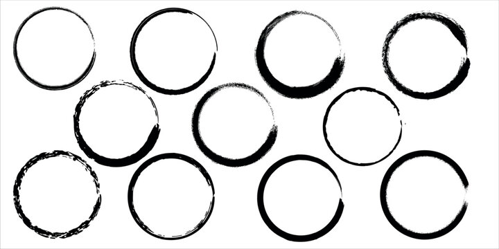 A collection of ten black circles on a white background with varying line widths and imperfections