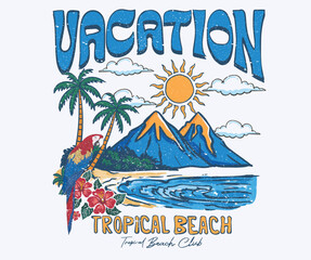 Mountain with beach design. Hawaii print. Palm beach vibes. Summer vibes artwork. Sunshine paradise graphic print design. Surf club design. Beach modern abstract art. © riaz