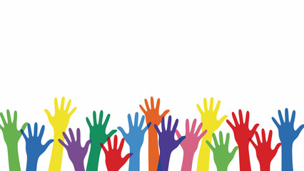 Fototapeta premium Colorful hands raised together in unity and diversity celebration