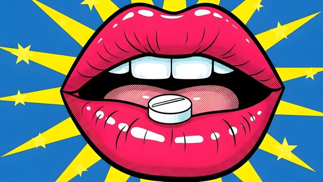 A close-up of red lips with a pill between the teeth against a blue background with yellow stars