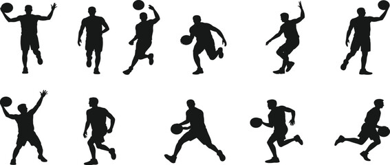 Collection of black silhouettes of male basketball players in various action poses on a white background 1 © Asad Creative