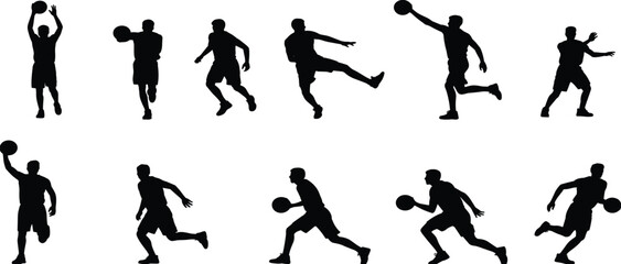 Collection of black silhouettes of male basketball players in various action poses on a white background