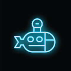 Blue neon icon of a submarine glowing on a dark background