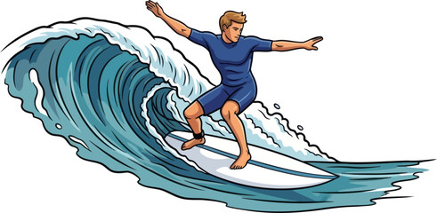 Brave male surfer riding large blue ocean wave with surfboard in dynamic action pose