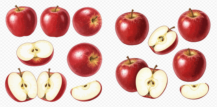 Collection of fresh red apples, whole and sliced, showcasing healthy fruit with seeds and core on transparent background.