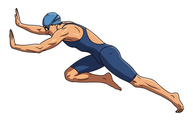 Fototapeta premium Fast competitive swimmer in blue swimsuit diving into water showing perfect form and speed