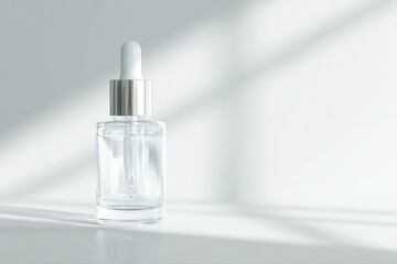 Naklejka premium Glass cosmetic serum dropper bottle on white background with sunlight shadow, minimalist skincare mockup