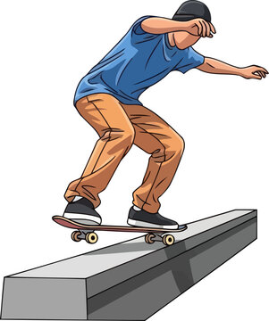 Skillful skateboarder performing a smooth grind on a concrete ledge in an urban park