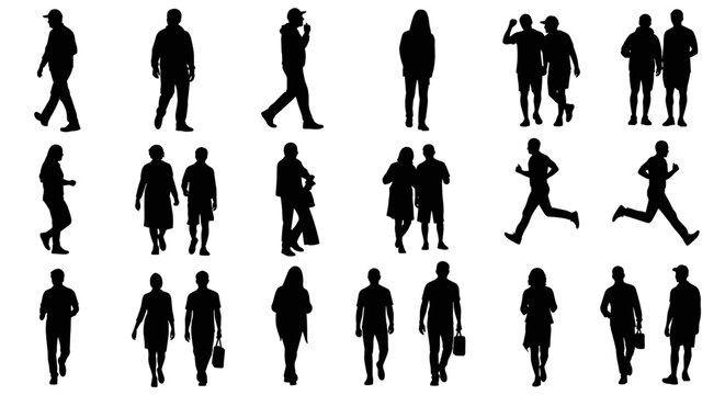 Collection of diverse human silhouettes for graphic design, architectural visualization, and urban planning, representing daily activities and human movement