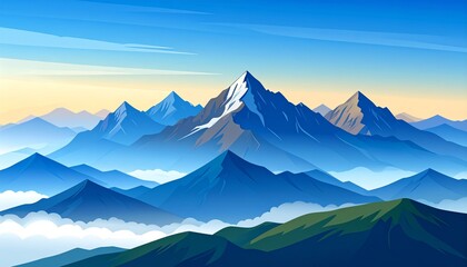 Majestic Mountain Range with Snow Peaks and Morning Fog Scenic Landscape View