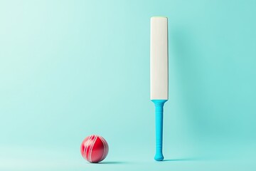 A white cricket bat with a blue grip standing upright beside a red seam ball, both set against a pastel sky blue background