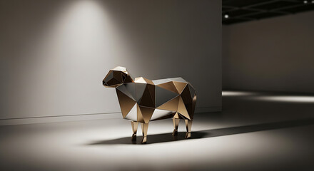 Geometric Sculpture of a Sheep in a Modern Art Gallery Exhibition Space