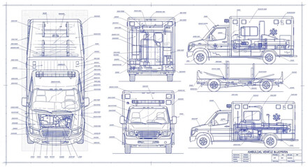 Ambulance Blueprint Technical Drawing and Schematics. © Ki