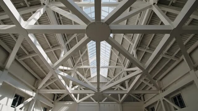 Intricate white metal framework of a large skylight viewed from below in a bright modern building interior