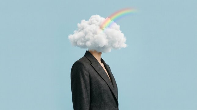 Surreal portrait of a business professional in a tailored suit with a cloud for a head and a rainbow overhead against a blue sky, symbolizing imagination, ideas and creativity