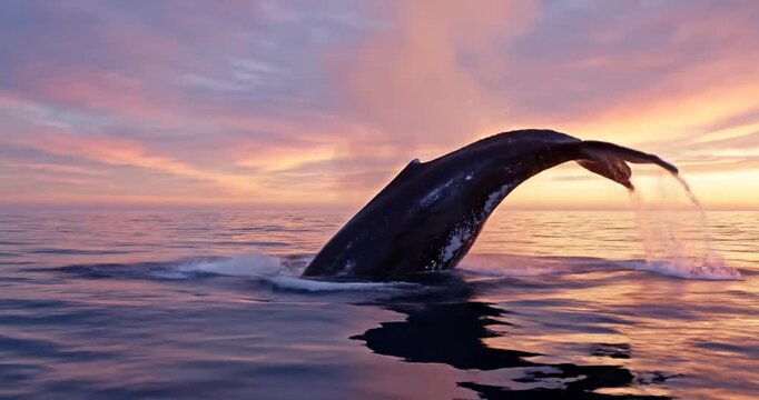 Majestic humpback whale breaching the ocean surface at sunset, with vibrant clouds in the background