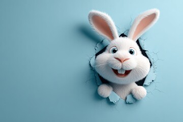 Obraz premium Cartoon rabbit character with large ears and a cheerful expression peeking through a cracked wall against a light blue background, showcasing a playful design