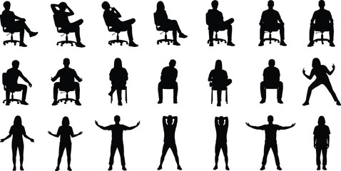 Obraz premium Silhouettes of people seated on chairs and standing in varied poses symbolizing ergonomics, posture, lifestyle, body language, and human movement