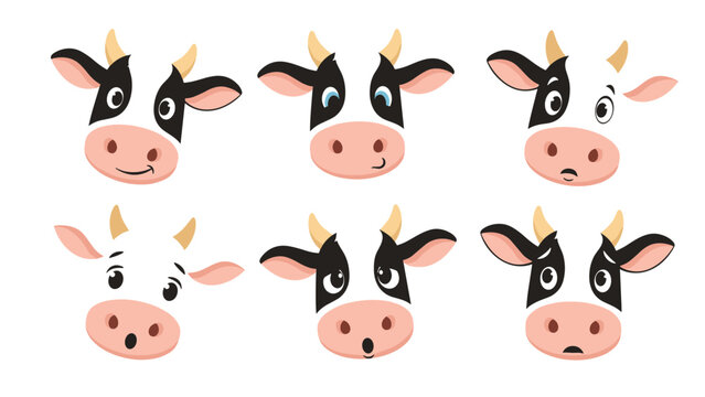 Set of six cow head icons displays various facial expressions from happy and surprised to sad and confused for characters.