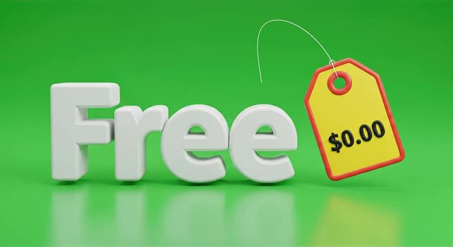 The word "Free" in white 3D letters with a yellow price tag showing $0.00, set against a vibrant green background.