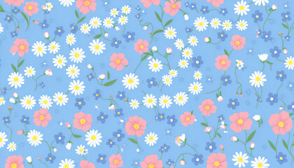 Vibrant floral pattern with various spring flowers on blue
