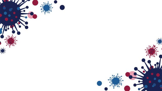 Scientific border background featuring dark blue and red virus particles of various sizes floating around the corners on a white space.
