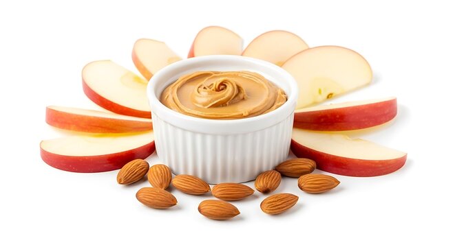 Delicious peanut butter in white ramekin with sliced apples and almonds isolated on white background