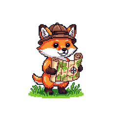 Cute Pixel Art Fox Character Explorer with Map on Green Grass