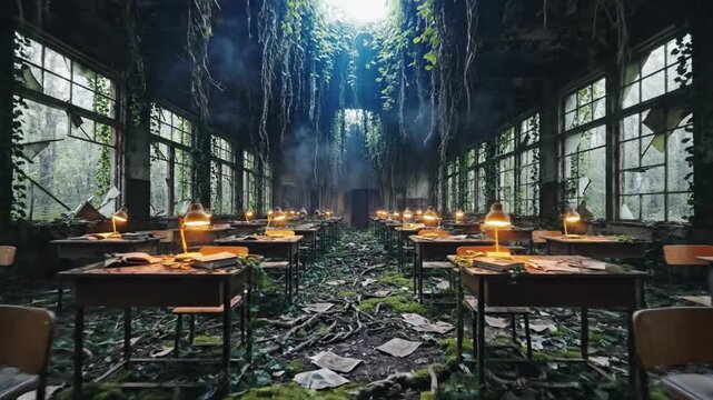 Abandoned classroom with desks and chairs, surrounded by overgrown vines and debris, viewed from the front with natural light pouring in through large windows