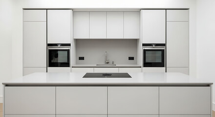 Fototapeta premium Contemporary minimalist kitchen with sleek white handleless cabinets dual integrated ovens and a central island. Minimalist Interior Design