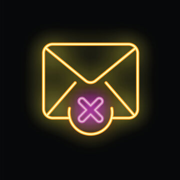 Glowing neon icon of a closed envelope with a cross sign, representing an unsent email on a black background
