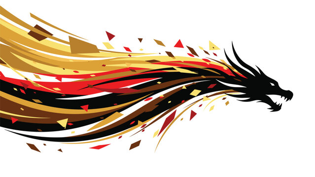 Artistic silhouette of a black dragon head surrounded by dynamic red gold and brown abstract flame-like streaks.