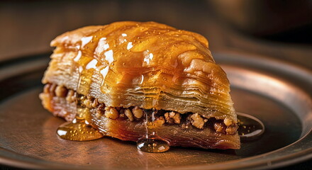 Baklava, an oriental sweet made with layers of filo pastry, crushed nuts inside, topped with honey, served on a copper plate, an oriental dessert.