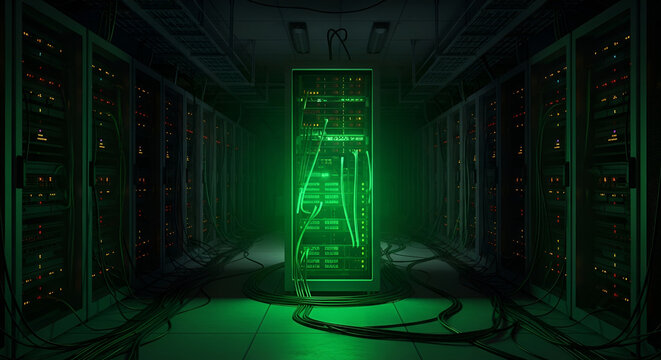 High-tech data center scene with a prominently glowing green central server rack, representing critical information processing and advanced digital network infrastructure power