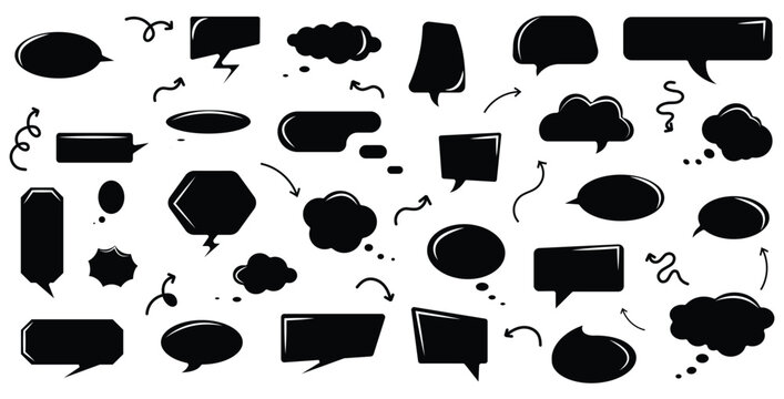 Collection of diverse black silhouette speech bubbles and thought balloons featuring various shapes arrows and comic style design elements for messaging communication