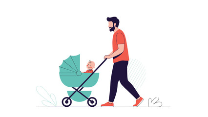 Modern father with a beard walks outside pushing a teal baby stroller with his young child on a clear day for fresh air and exercise.