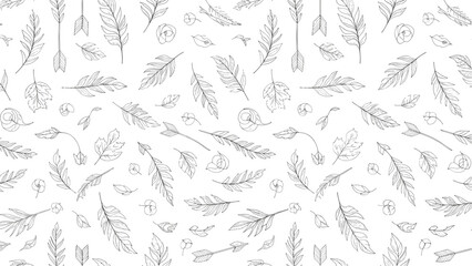Fototapeta premium Elegant black and white seamless pattern featuring delicate hand-drawn feathers, small leaves, and arrows on a white backdrop.