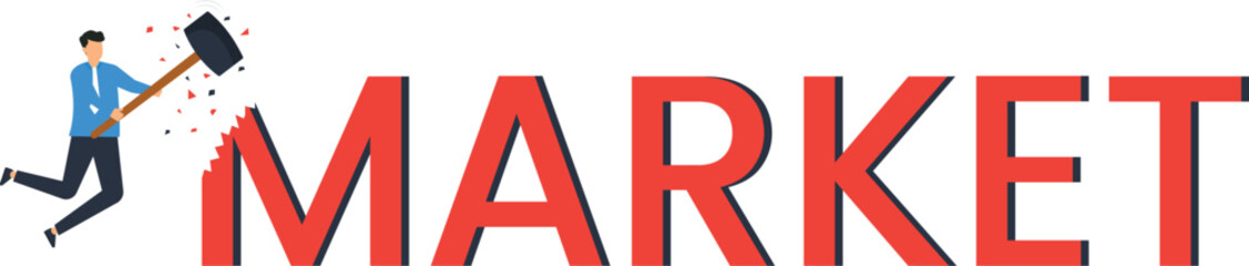 Businessman smashing market word with sledgehammer, market disruption, business strategy, competitive advantage, breaking barriers, financial challenge