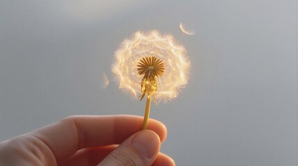 Fototapeta premium Gentle hand holding a glowing dandelion seed head, expressing hope and tranquility, perfect for inspirational content.